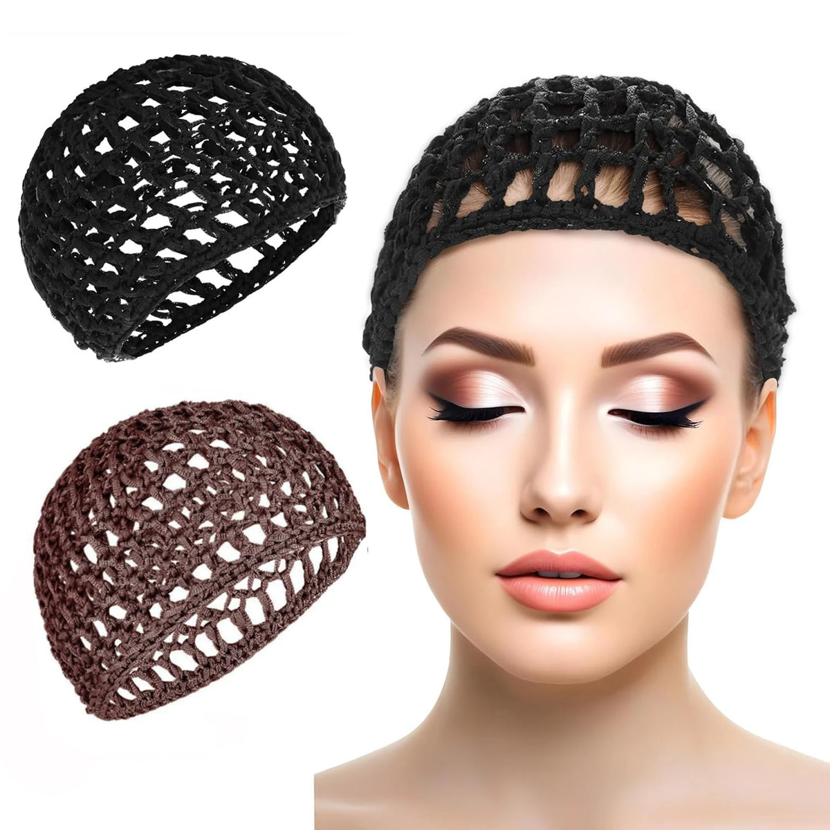 A black mesh crochet hair net is shown alongside a brown version on a mannequin head.
