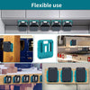 A teal battery storage case with a carry handle shown in various contexts including inside a cabinet, next to wood, and on a 