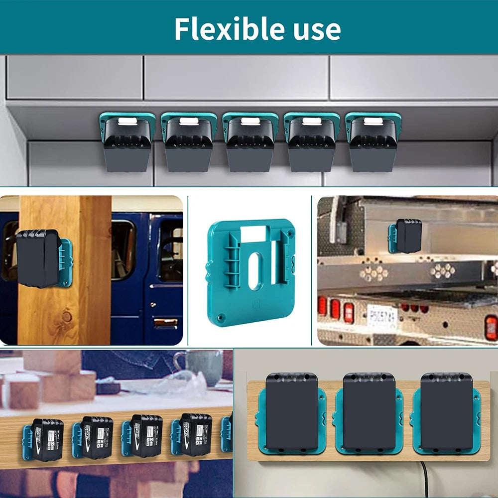 A teal battery storage case with a carry handle shown in various contexts including inside a cabinet, next to wood, and on a 