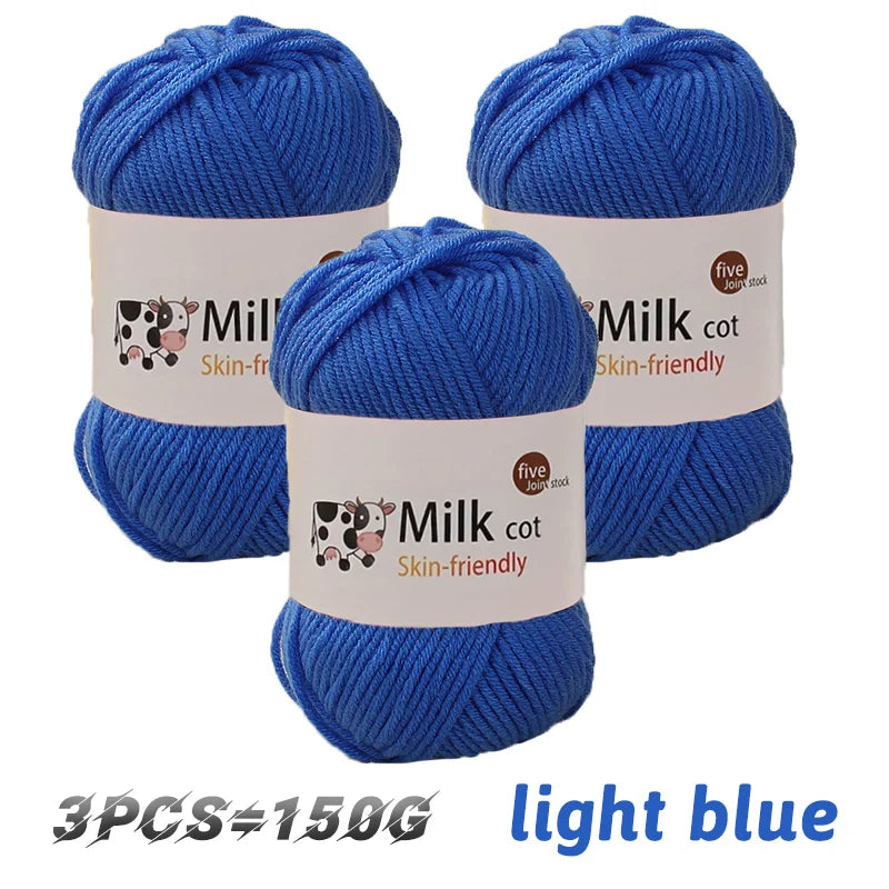 Three skeins of light blue Milk cot skin-friendly yarn for knitting and crochet