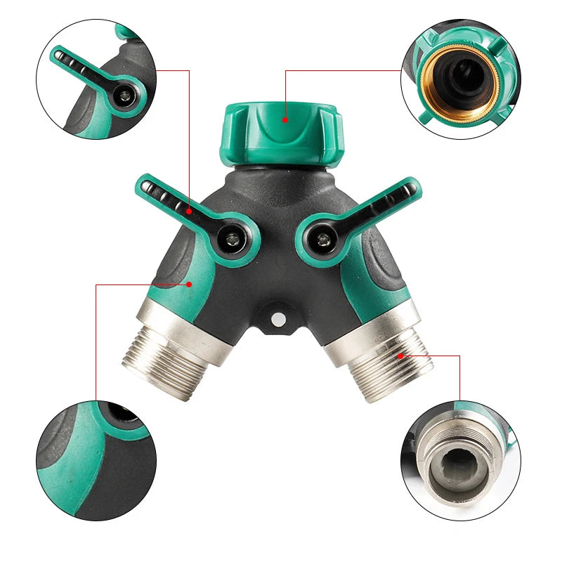 A garden hose Y-splitter featuring independent valve control and a green and black construction.