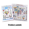 A product sample showing a cross stitch kit with a detailed landscape pattern on a grid.