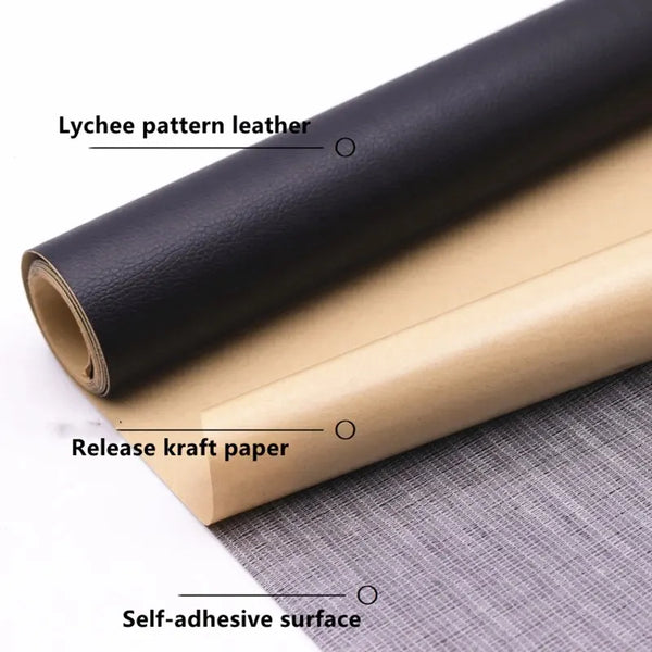 Rolls of Lychee pattern leather, release kraft paper, and self-adhesive surface for repair patches.