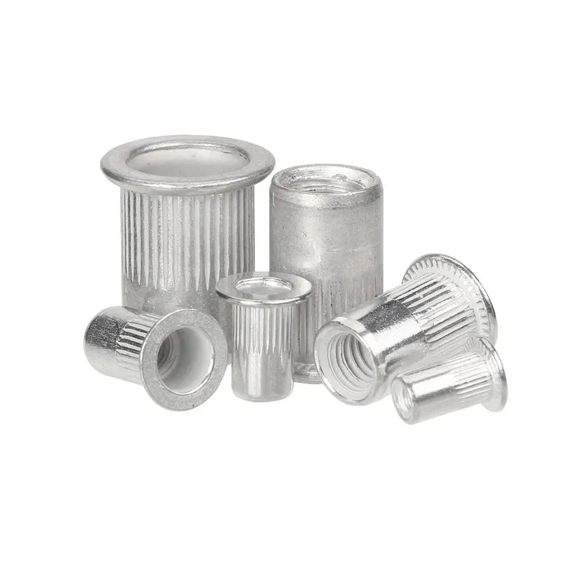 A multi-pack of aluminum flat head rivet nuts and corresponding tubes.