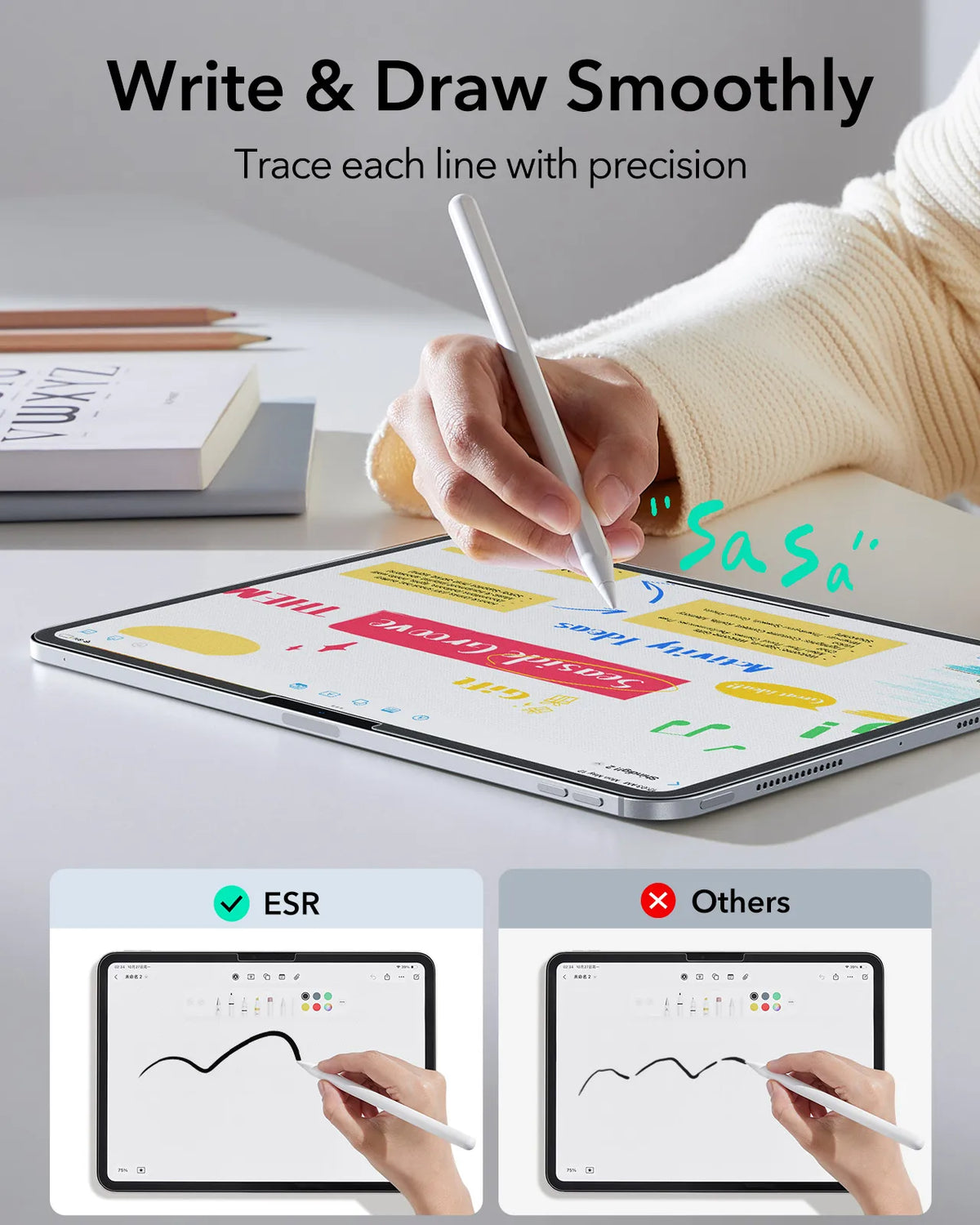 Eine Hand schreibt fließend auf einem iPad-Bildschirm, die Präzision eines papierähnlichen Displayschutzfilters demonstrieren