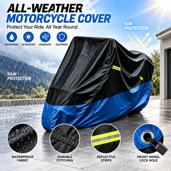 Black and blue all-weather motorcycle cover protecting a bike on a wet pavement.