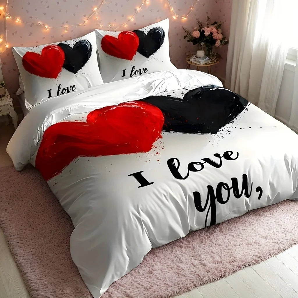 Dark Red Three-Piece Duvet Cover Set with Letter Print