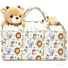 A floral diaper organizer bag featuring a teddy bear charm and multiple compartments for baby supplies.