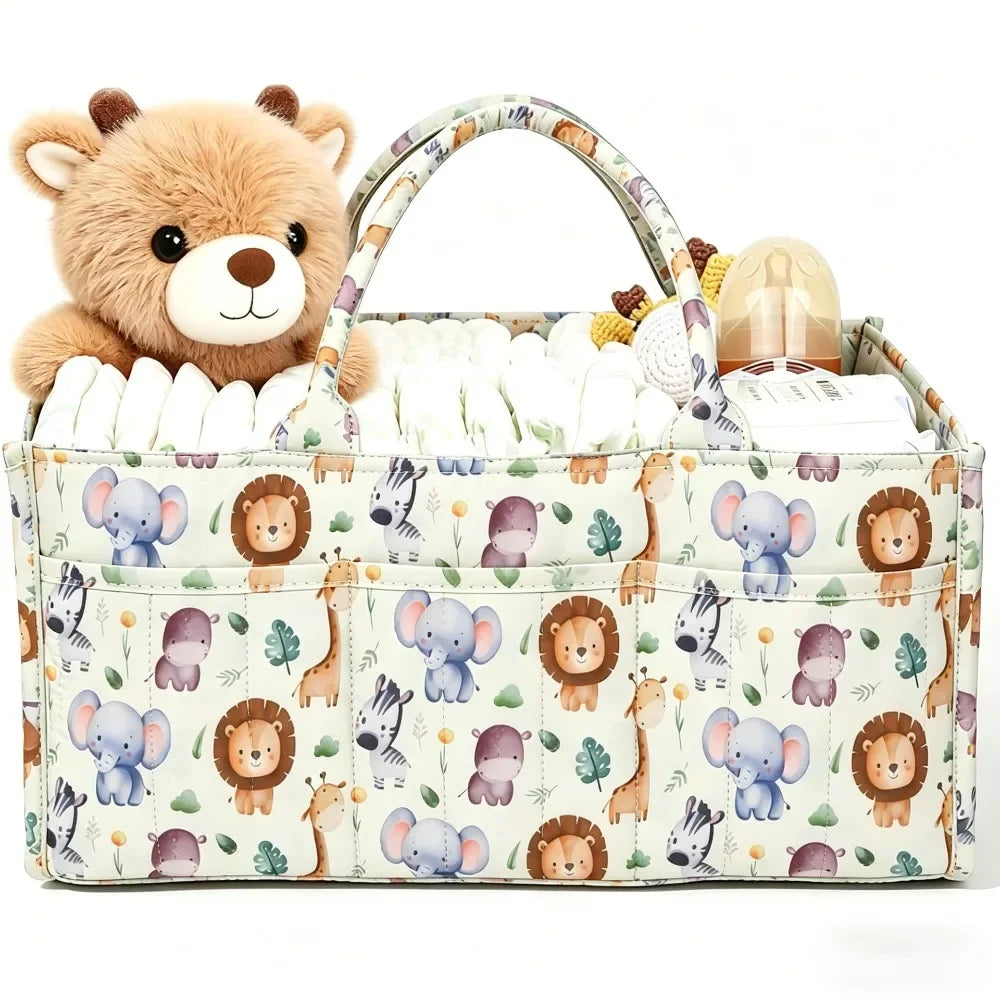 A floral diaper organizer bag featuring a teddy bear charm and multiple compartments for baby supplies.