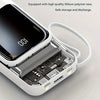 A white portable power bank is shown open, revealing internal components and a charging cable.