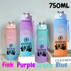 A collection of 750ml portable sports water bottles in pink, purple, green, and blue colors.