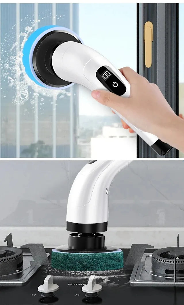 A hand is using a white electric spin scrubber with a blue head to clean a glass door, shown in close-up.