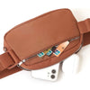 A brown nylon waist pack with a zippered phone pocket and a white wireless earbud is shown.