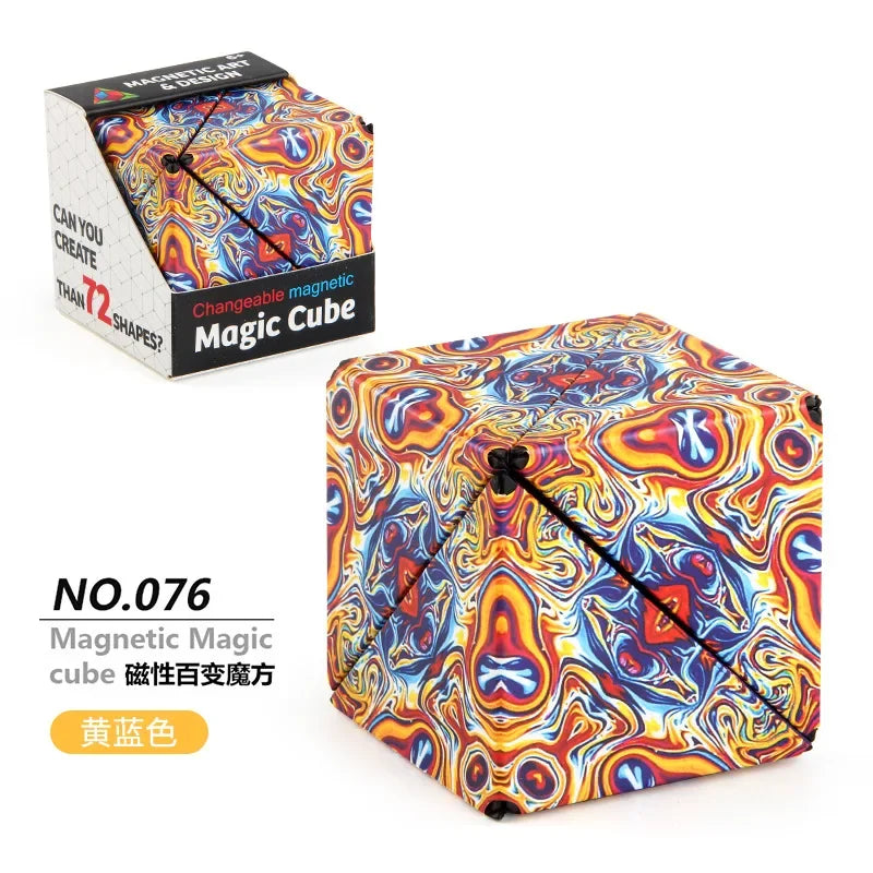 A colorful magnetic magic cube with an intricate swirling pattern shown in a box and as a standalone product.