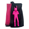 A pink hand-throw parachute toy with a mini soldier figure is shown against a black fabric background.