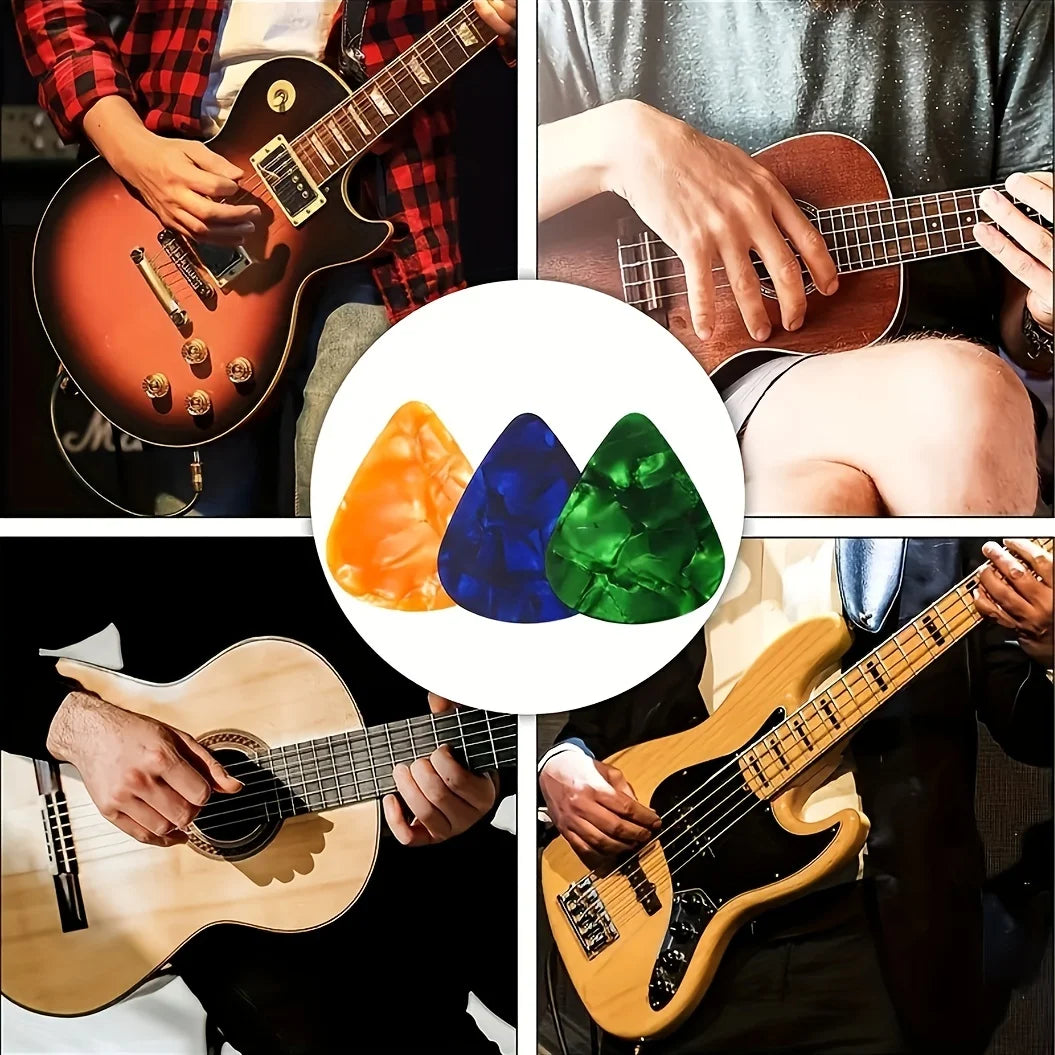 A collage showing hands playing various guitars and a collection of assorted guitar picks.