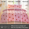 A pink strawberry print duvet cover set displayed in four lighting conditions: dim, warm, cold, and natural light.