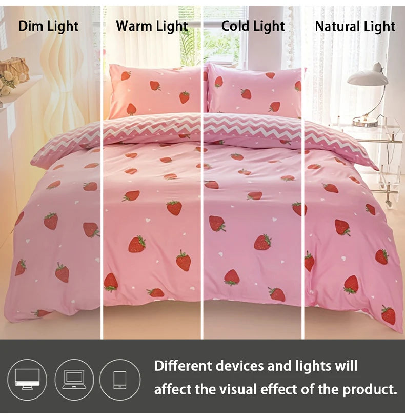 A pink strawberry print duvet cover set displayed in four lighting conditions: dim, warm, cold, and natural light.