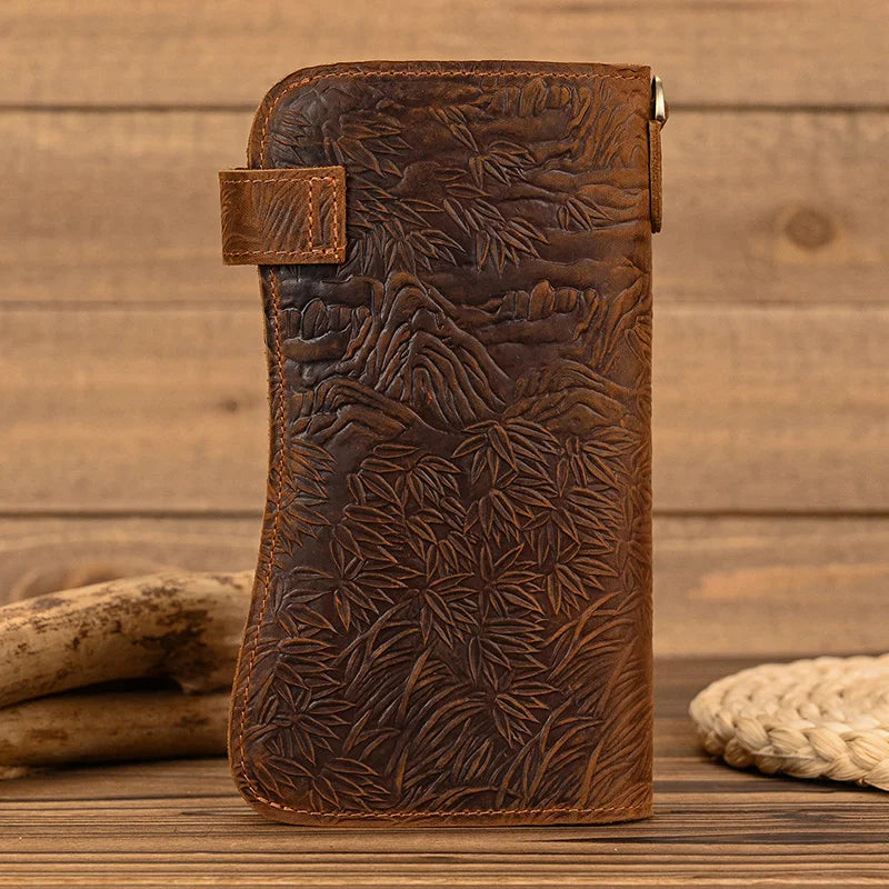 Vintage Leather Bifold Wallet with Metal Chain
