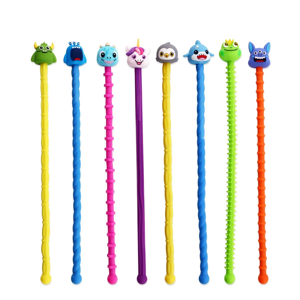 A collection of colorful cartoon textured silicone fidget sticks in various shapes and colors.