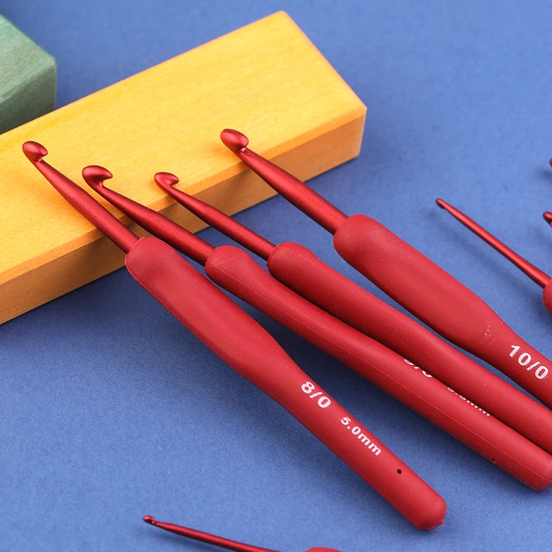 Ergonomic Red Crochet Hook Set with Soft Grip Handles