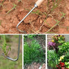 Stainless steel garden weeder with a wooden handle shown in soil and alongside plants.