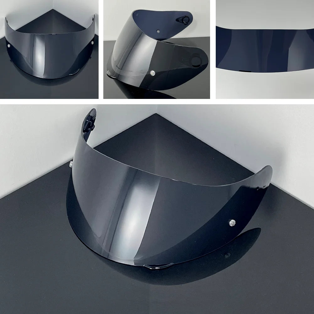 A dark blue replacement helmet visor with an anti-fog coating shown in multiple angles.