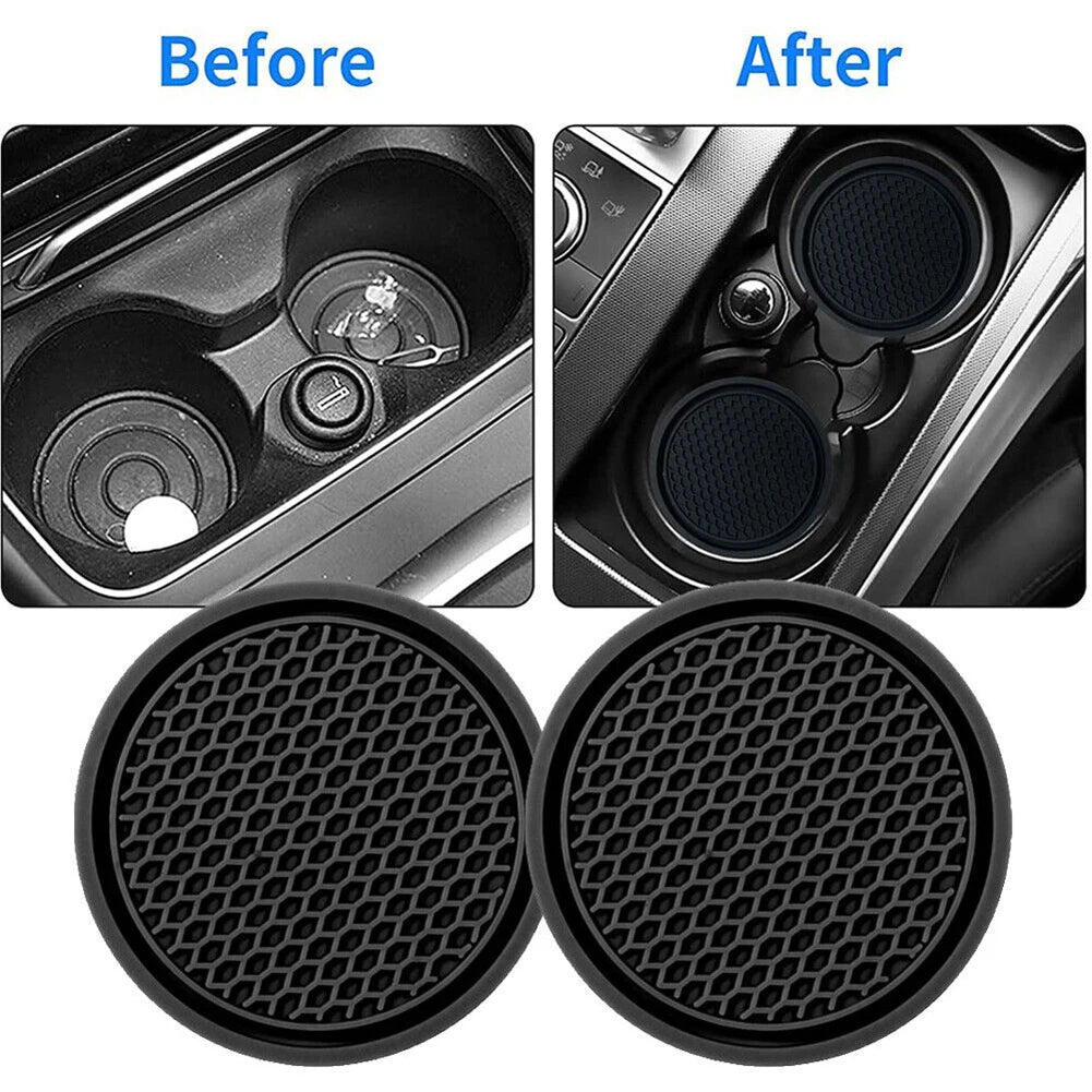 Comparaison avant/après d'un porte-cup anti-glissement pour voiture, montrant le produit de remplacement.