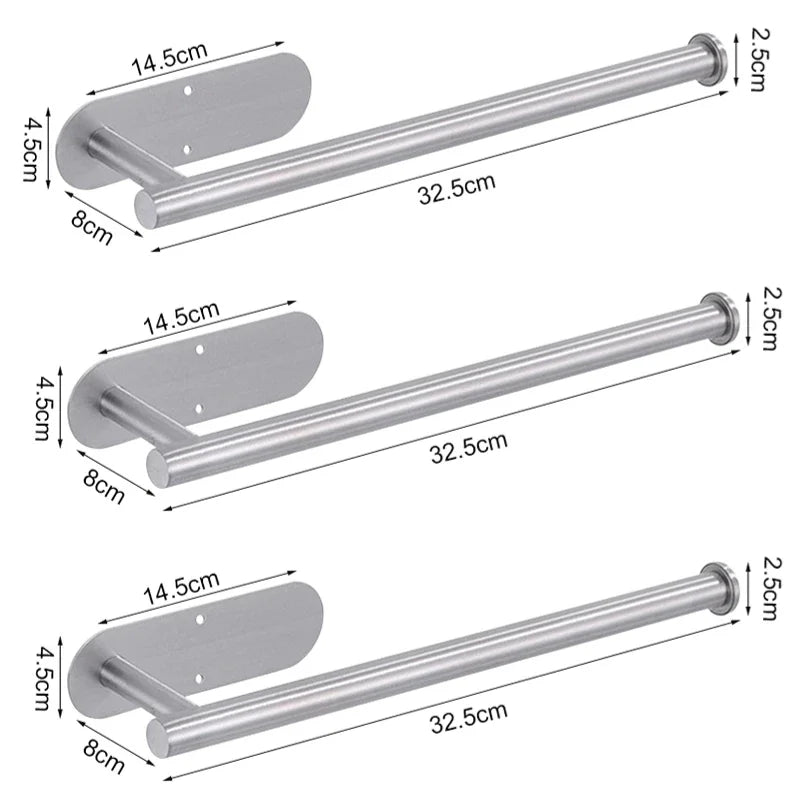 Stainless steel wall-mounted paper towel holder with a horizontal rod and mounting bracket.