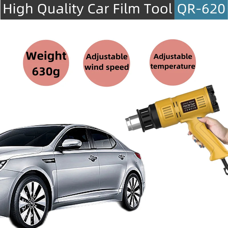 A yellow heat gun tool is shown next to a silver car, demonstrating its adjustable temperature and wind speed features.