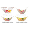Various macrame hanging fruit baskets and pockets made of woven material in white, khaki, and yellow colors