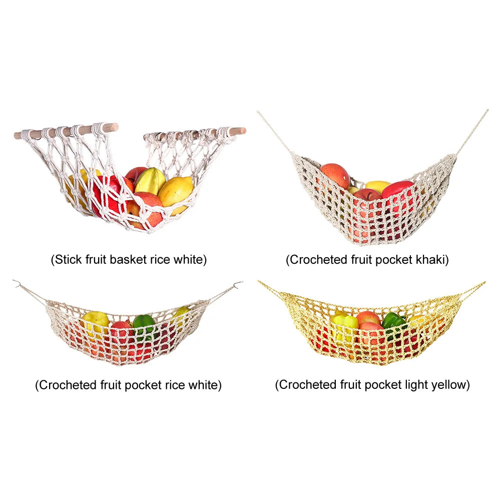 Various macrame hanging fruit baskets and pockets made of woven material in white, khaki, and yellow colors
