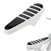 A white motorcycle seat cover with black anti-slip stripes shown from above.