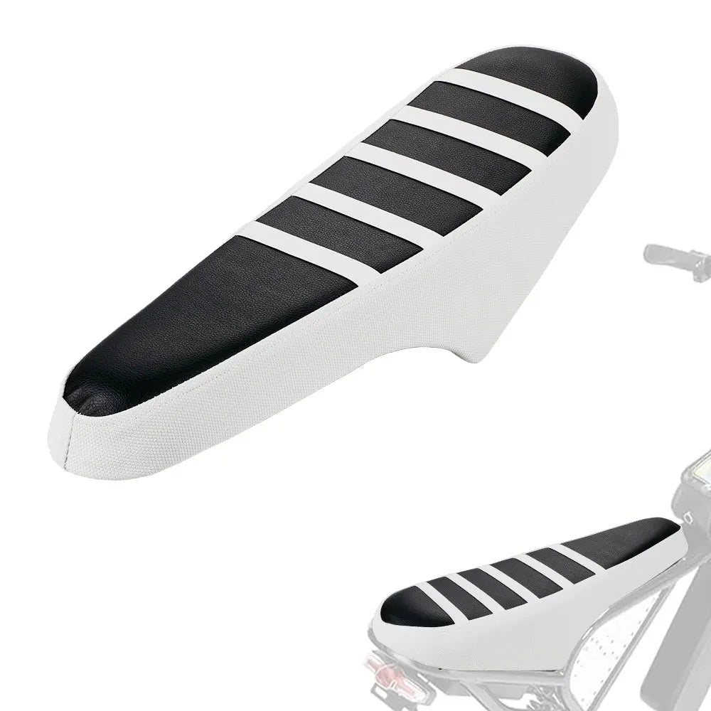 A white motorcycle seat cover with black anti-slip stripes shown from above.
