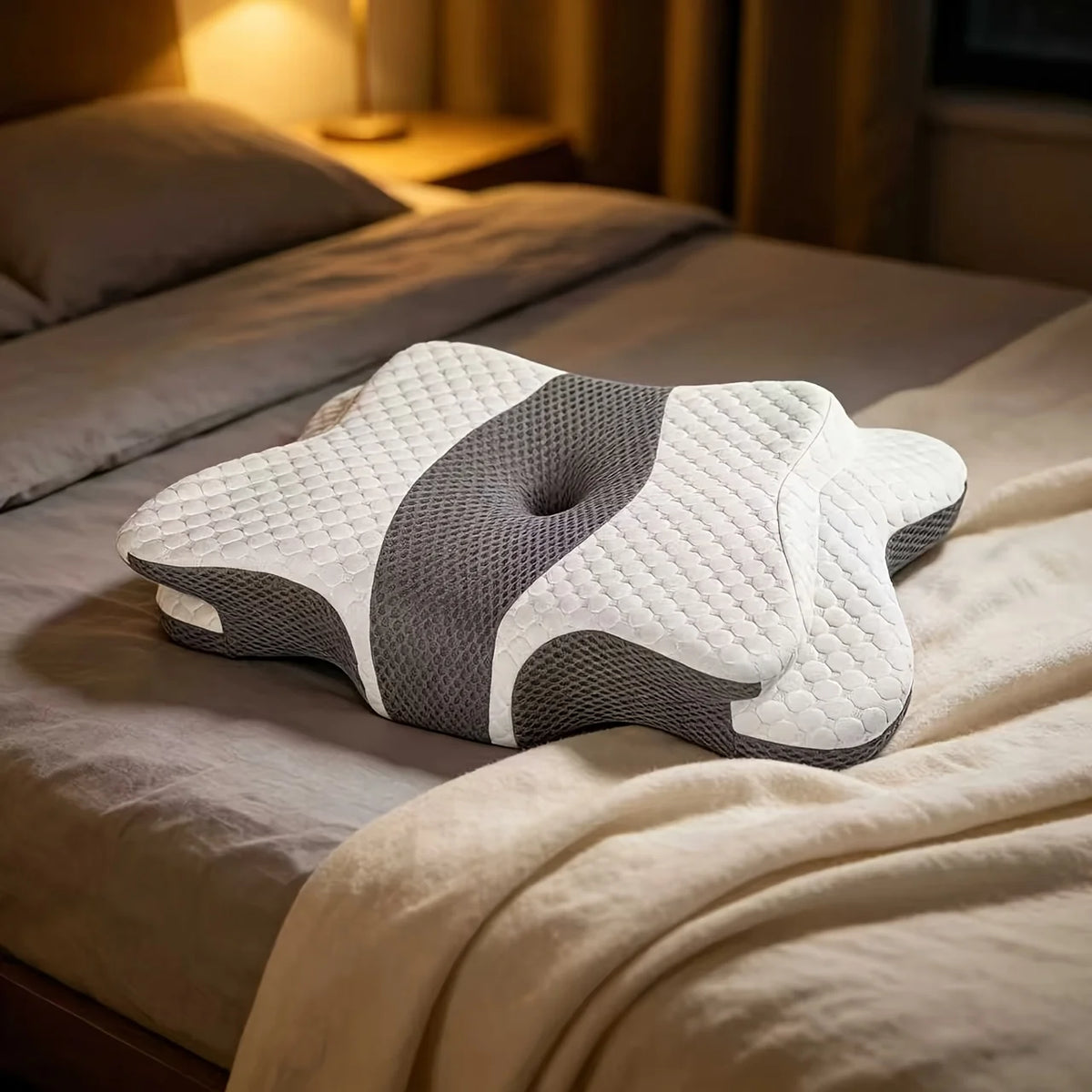 A white and gray ergonomic butterfly memory foam pillow resting on a beige bed with soft lighting.