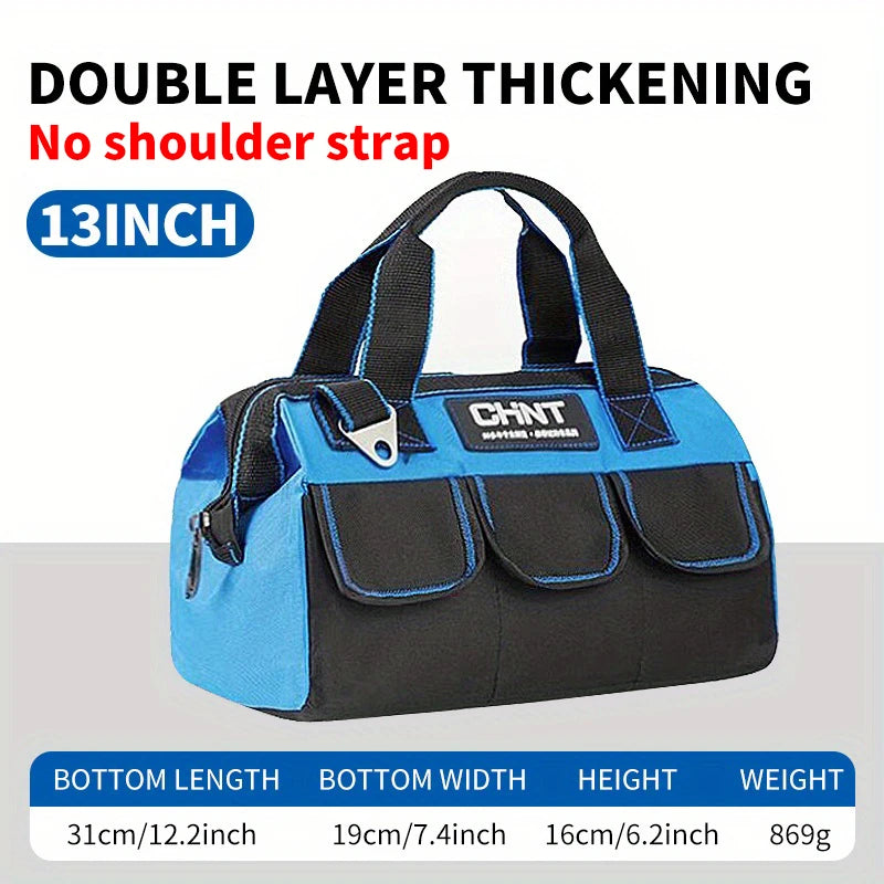 A blue and black double layer thickening tool bag with a shoulder strap and multiple pockets.