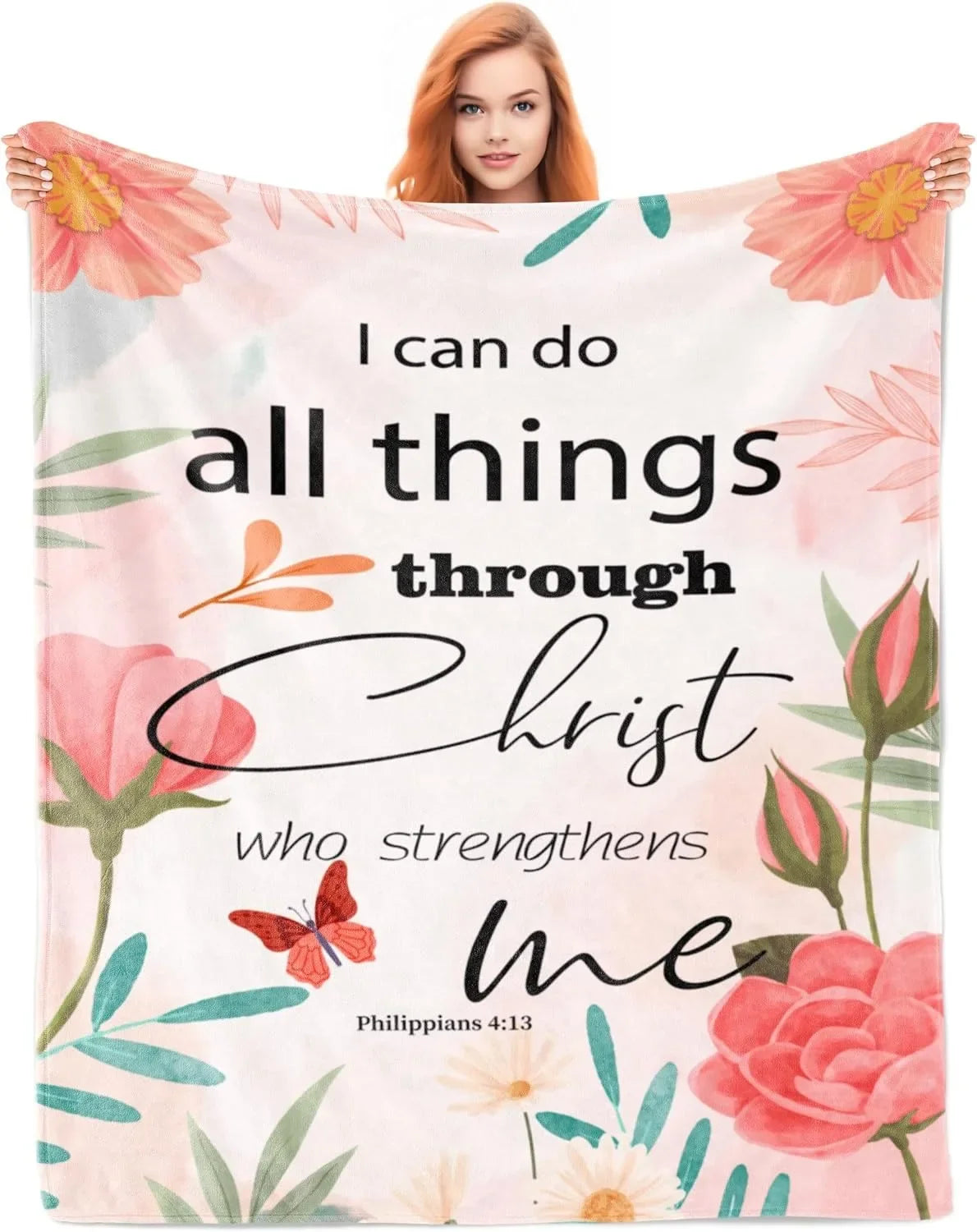A pink and green fleece throw blanket featuring a watercolor design of a woman and floral elements.