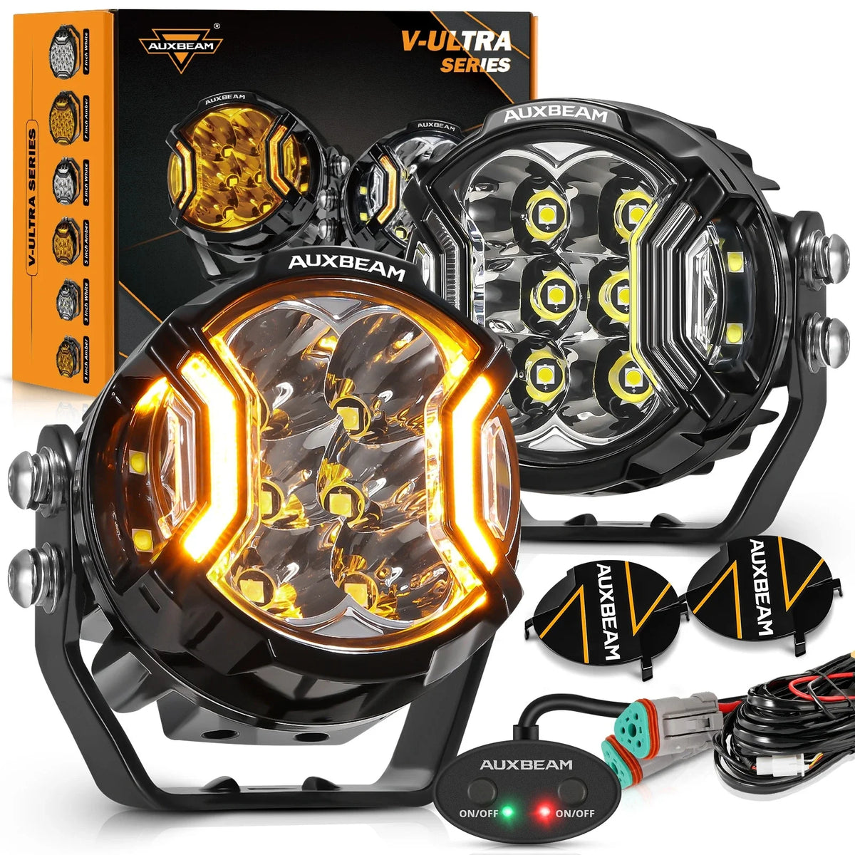 A set of Auxbeam V-Ultra series LED driving lights with amber DRL and side shooter features displayed on a black background.