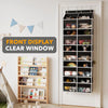 A black over-the-door hanging organizer with ten compartments displaying various small items.
