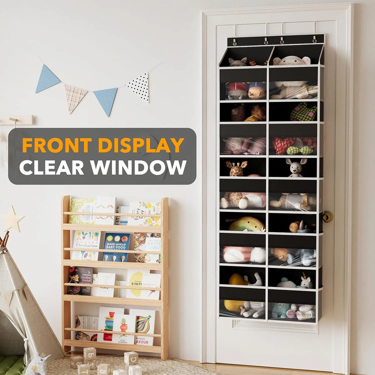 A black over-the-door hanging organizer with ten compartments displaying various small items.