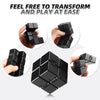 A black infinity cube fidget toy shown from multiple angles being held by a hand.