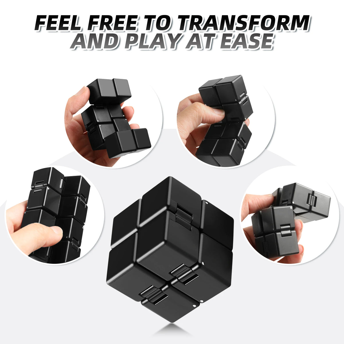 A black infinity cube fidget toy being held by a hand, showing its geometric structure.