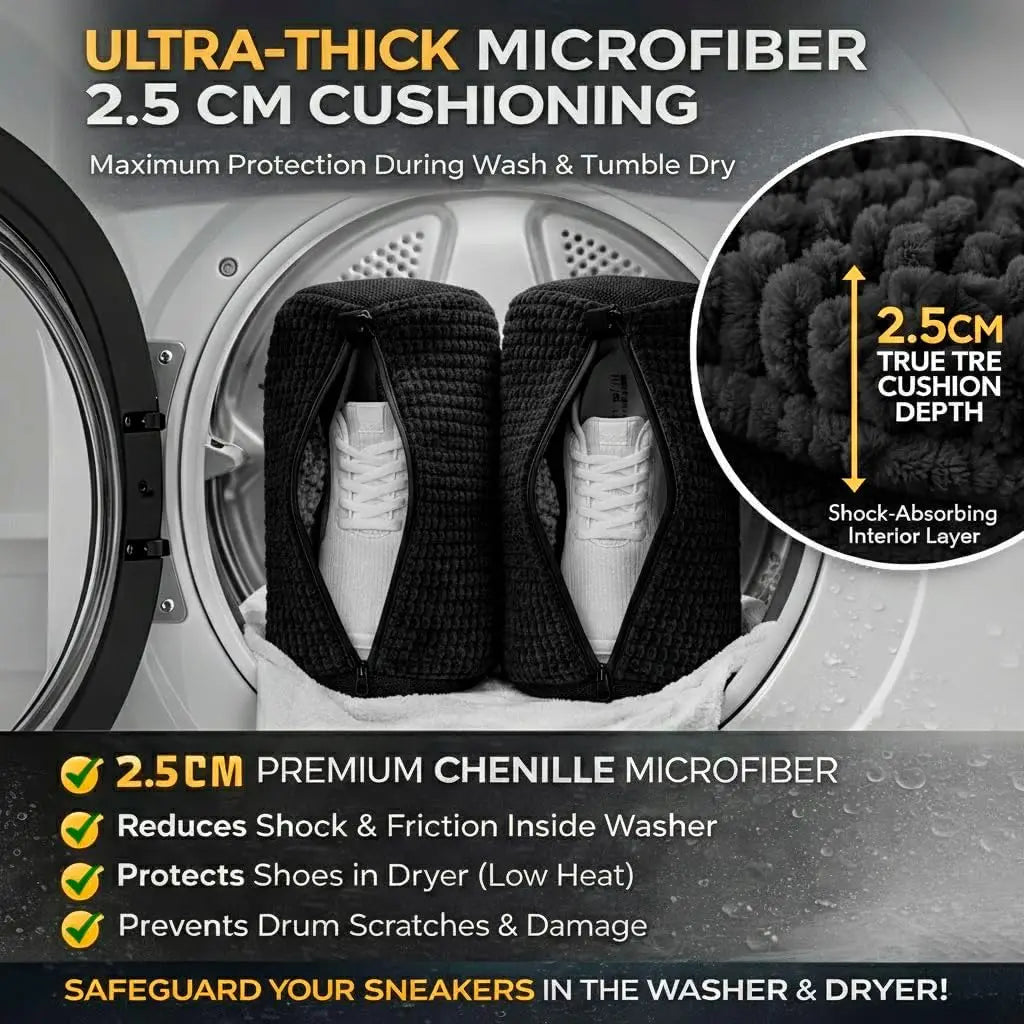 Ultra-thick microfiber shoe washing bags with 2.5 cm cushioning protecting shoes during wash and tumble dry