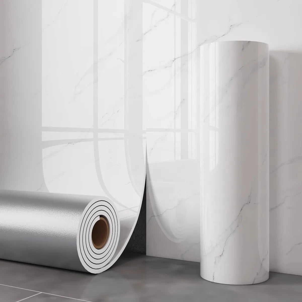 Roll of white marble peel-and-stick waterproof wall panels standing next to a vertical column.