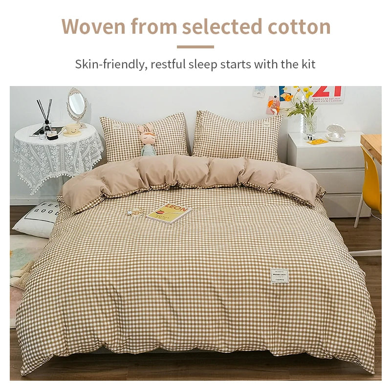 100% Cotton Duvet Cover Set with Plaid Stripe – Breathable & Skin-Friendly