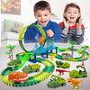 A set of dinosaur adventure climbing race track toys featuring various dinosaurs and green, blue, and orange tracks.