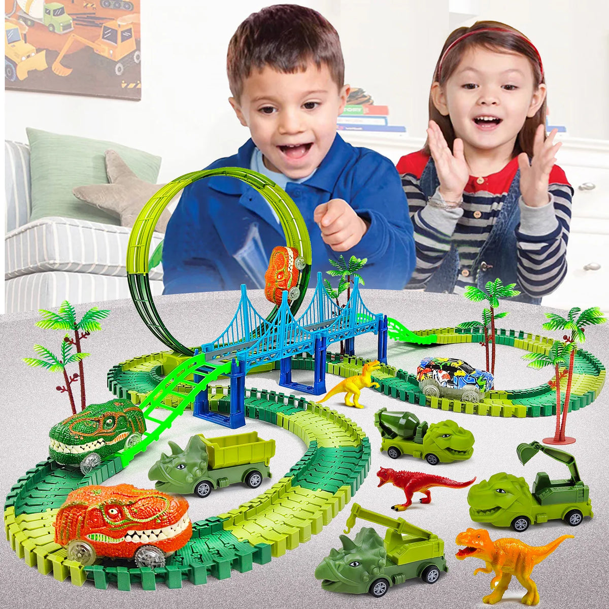 A set of dinosaur adventure climbing race track toys featuring various dinosaurs and green, blue, and orange tracks.
