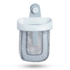 A light blue hanging storage bag for bath toys with a mesh insert and a clip top.