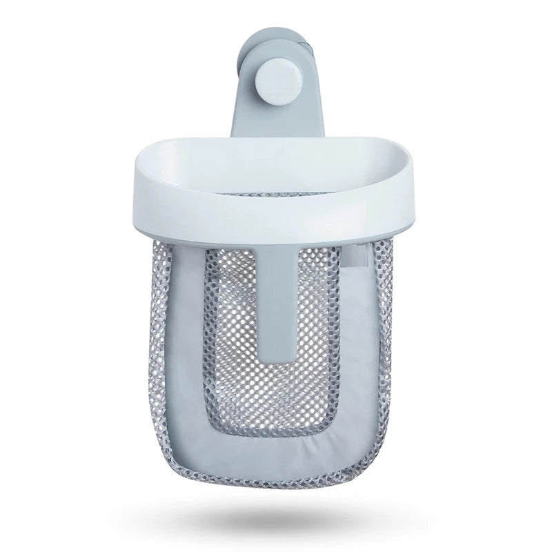 A light blue hanging storage bag for bath toys with a mesh insert and a clip top.