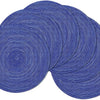 A set of six blue braided round placemats stacked and laid out.
